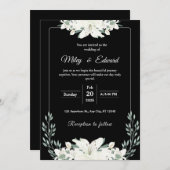 Zwarte Bloemen Huwelijksuitnodiging met Witte Leli Kaart (Voorkant / Achterkant)