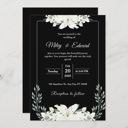 Zwarte Bloemen Huwelijksuitnodiging met Witte Leli Kaart (Voorkant / Achterkant)