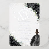 Zwarte Bloemen Jurk Quinceañera Quince 15 XV Zilve Folie Uitnodiging (Voorkant)