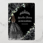 Zwarte Bloemen Jurk Quinceañera Quince 15 XV Zilve Folie Uitnodiging (Achterkant)