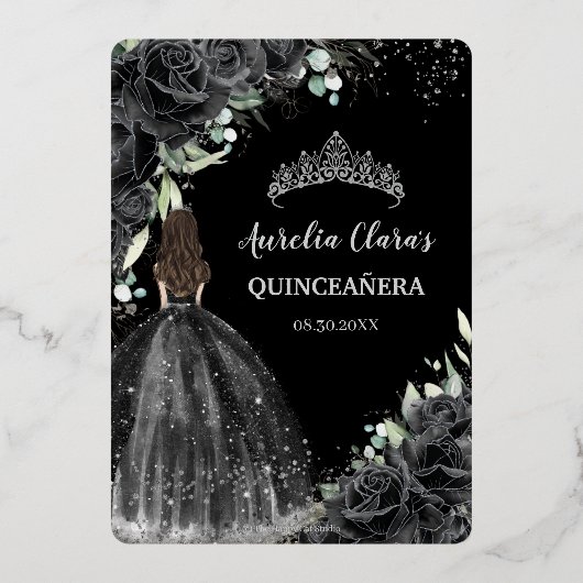 Zwarte Bloemen Jurk Quinceañera Quince 15 XV Zilve Folie Uitnodiging (Achterkant)