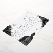 Zwarte Bloemen Jurk Quinceañera Quince 15 XV Zilve Folie Uitnodiging (Gedraaid)