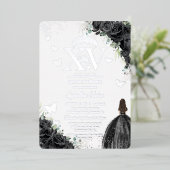Zwarte Bloemen Jurk Quinceañera Quince 15 XV Zilve Folie Uitnodiging (Staand Voorkant)