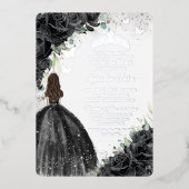 Zwarte Bloemen Jurk Quinceañera Sweet 16 XV Zilver Folie Uitnodiging (Voorkant)