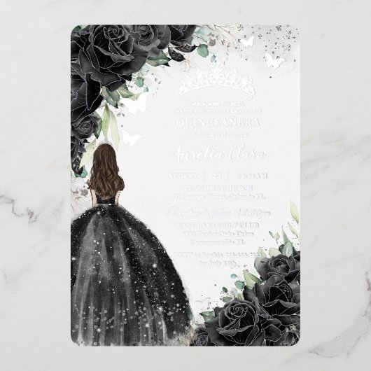 Zwarte Bloemen Jurk Quinceañera Sweet 16 XV Zilver Folie Uitnodiging (Voorkant)