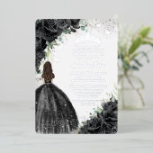 Zwarte Bloemen Jurk Quinceañera Sweet 16 XV Zilver Folie Uitnodiging (Staand Voorkant)