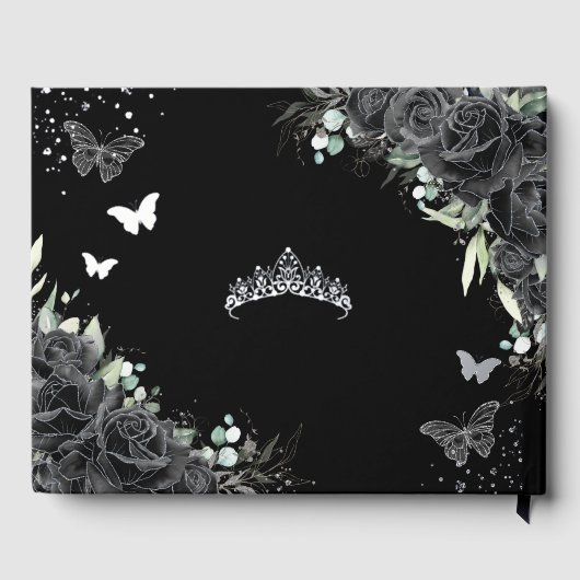 Zwarte Bloemen Jurk Vlinders Zilver Quinceañera Gastenboek (Achterkant)