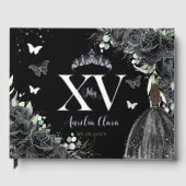 Zwarte Bloemen Jurk Vlinders Zilver Quinceañera Gastenboek (Voorkant)