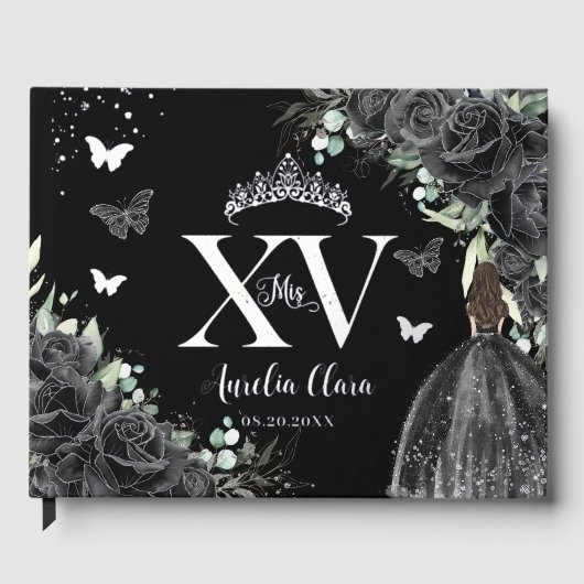 Zwarte Bloemen Jurk Vlinders Zilver Quinceañera Gastenboek (Voorkant)