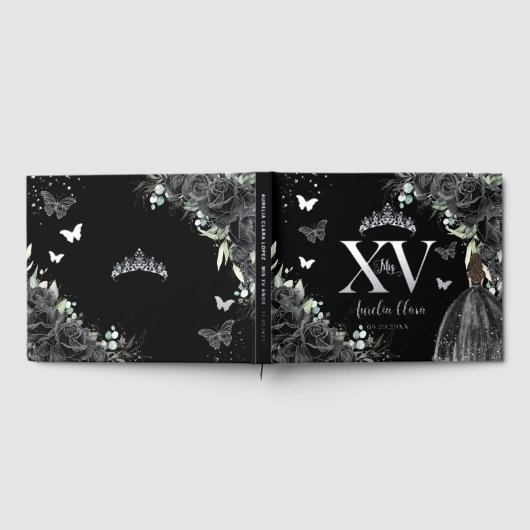 Zwarte Bloemen Jurk Vlinders Zilver Quinceañera Gastenboek (Volledig)