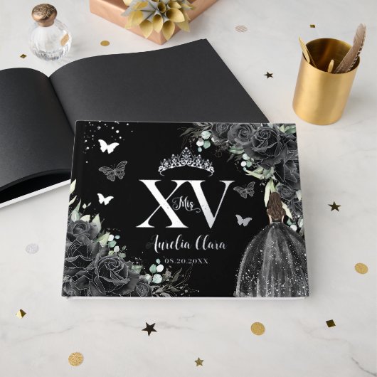 Zwarte Bloemen Jurk Vlinders Zilver Quinceañera Gastenboek (Voorkant open)