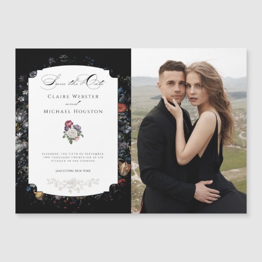 Zwarte Bloemen Kalligrafie/Foto Bewaar de datum Magnetische Uitnodiging (Voorkant)