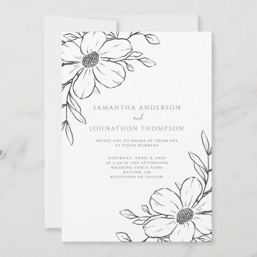 Zwarte Bloemen Lijn Tekening Huwelijksuitnodiging Kaart (Voorkant)