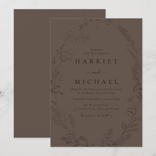 Zwarte Bloemen Line-Art Wildflower krans bruiloft Kaart (Voorkant / Achterkant)