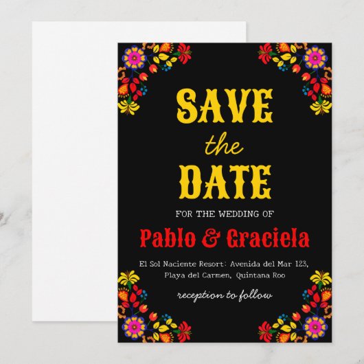 Zwarte bloemen Mexicaans Bewaar de datum Kaart (Voorkant / Achterkant)