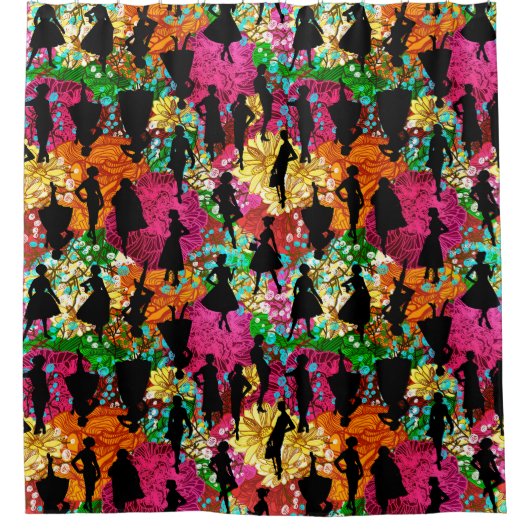 Zwarte Bloemen Midden-Eeuw 1950 silhouet Douchegordijn (Voorkant)