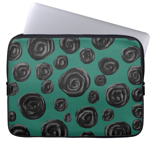 Zwarte bloemen op jade groen. laptop sleeve (Voorkant)