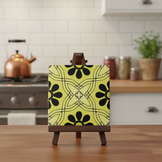 Zwarte Bloemen op Lime Green Background Pattern Tegeltje