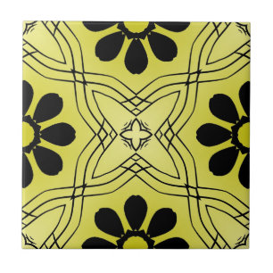 Zwarte Bloemen op Lime Green Background Pattern Tegeltje