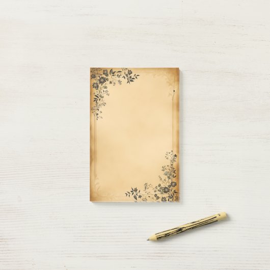 Zwarte Bloemen op oud perkament Post-it® Notes (Op bureau)