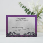 Zwarte Bloemen Paarse en Zilveren Reactie RSVP Kaartje (Staand voorkant)