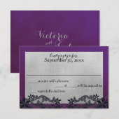 Zwarte Bloemen Paarse en Zilveren Reactie RSVP Kaartje (Voorkant / Achterkant)