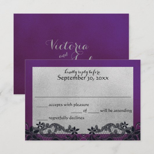 Zwarte Bloemen Paarse en Zilveren Reactie RSVP Kaartje (Voorkant / Achterkant)