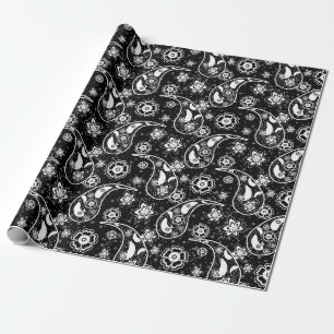 Zwarte Bloemen Paisley Illustratie Patroon Ontwerp Cadeaupapier