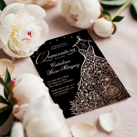 Zwarte Bloemen Quinceañera Gown Hemelse Maan Sterr Folie Uitnodiging