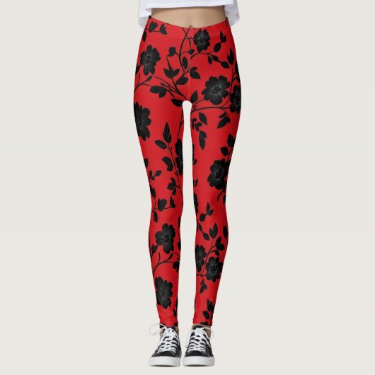 Zwarte bloemen rood leggings (Voorkant)