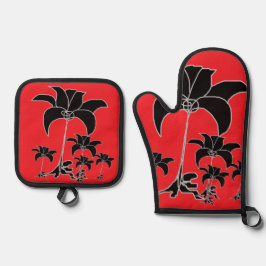 Zwarte Bloemen Rood Ovenwant & Pannenlap Set