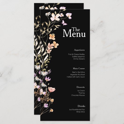 Zwarte Bloemen Wedding Event Menu Tafel Decor (Voorkant / Achterkant)