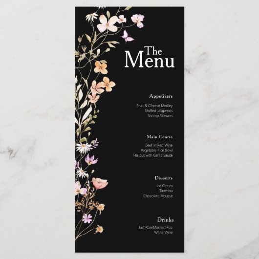 Zwarte Bloemen Wedding Event Menu Tafel Decor (Voorkant)
