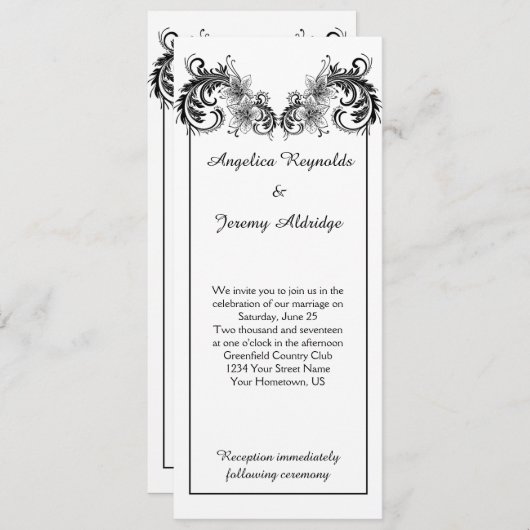 zwarte bloemen wervelingen bruiloft uitnodiging (Voorkant / Achterkant)