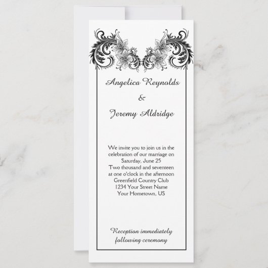 zwarte bloemen wervelingen bruiloft uitnodiging (Voorkant)