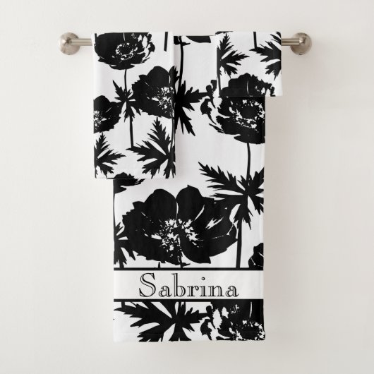 Zwarte bloemen, wit, zwart bad handdoek (Insitu)