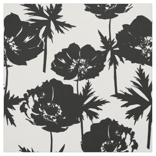 Zwarte bloemen, wit, zwart stof (Swatch)