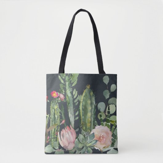 ZWARTE BLOEMEN WOESTIJN CACTI BLADEREN WATERVERF B TOTE BAG (Voorkant)