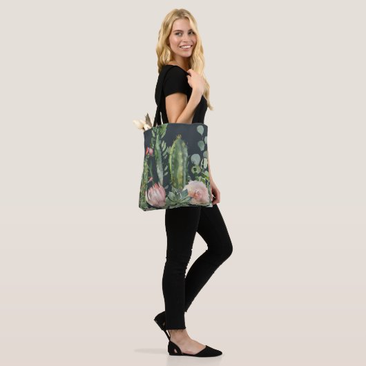 ZWARTE BLOEMEN WOESTIJN CACTI BLADEREN WATERVERF B TOTE BAG (Op model)