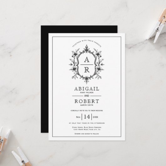 Zwarte  bloemenkam en initialen bruiloft kaart (Voorkant / Achterkant in situ)