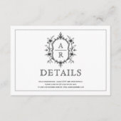 Zwarte bloemenkam monogram bruiloft details informatiekaartje (Voorkant)