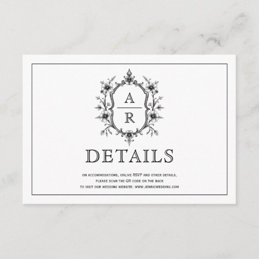 Zwarte bloemenkam monogram bruiloft details informatiekaartje (Voorkant)