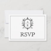 Zwarte bloemenkam monogram QR code bruiloft RSVP Kaartje (Voorkant)