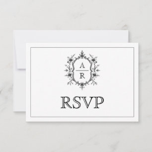 Zwarte bloemenkam monogram QR code bruiloft RSVP Kaartje