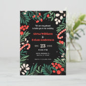 Zwarte bloemenkerst bruiloft kaart (Staand voorkant)