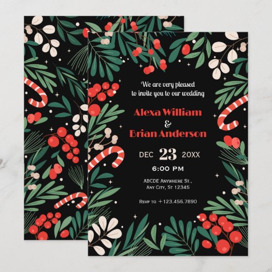 Zwarte bloemenkerst bruiloft kaart (Voorkant / Achterkant)