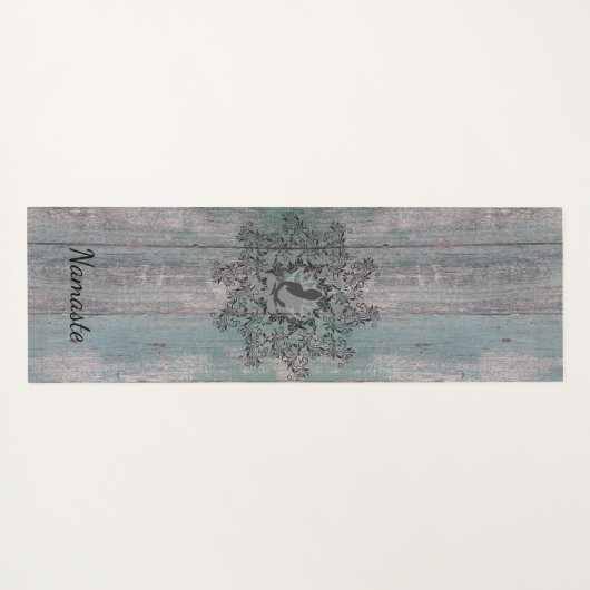 Zwarte Bloemenkrans Boeddha op rustiek hout Yogamat (Achterkant (horizontaal))