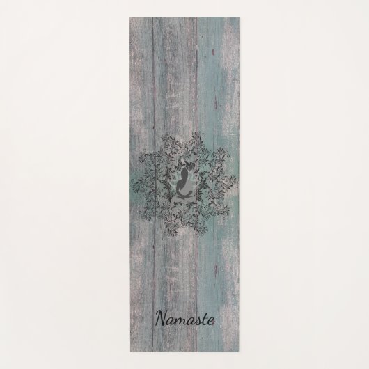 Zwarte Bloemenkrans Boeddha op rustiek hout Yogamat (Voorkant)