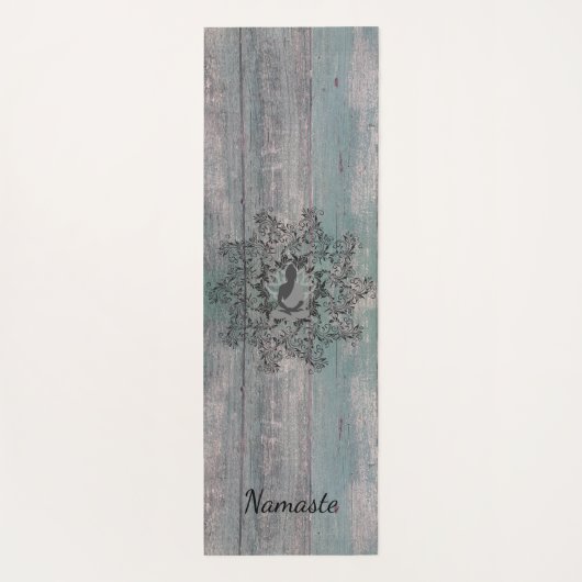 Zwarte Bloemenkrans Boeddha op rustiek hout Yogamat (Achterkant)
