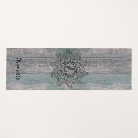 Zwarte Bloemenkrans Boeddha op rustiek hout Yogamat (Voorkant (horizontaal))